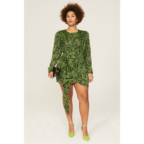 RONNY KOBO Women's Neon Green Zebra Animal Print Side Ruffle Dress Size 10 - Picture 3 of 16